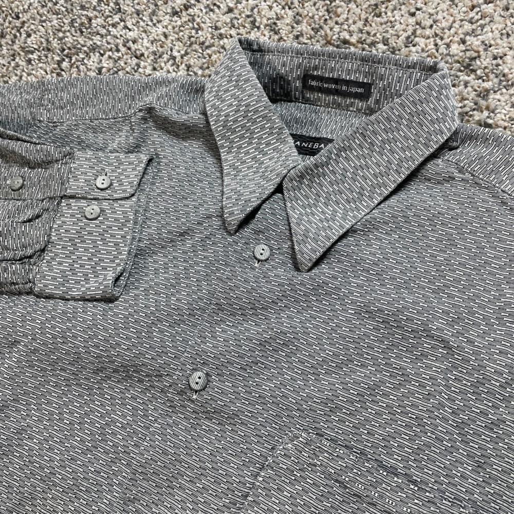 Jhane Barnes Men's L Grey Textured Geometric Button Up Shirt Fabric Woven Japan